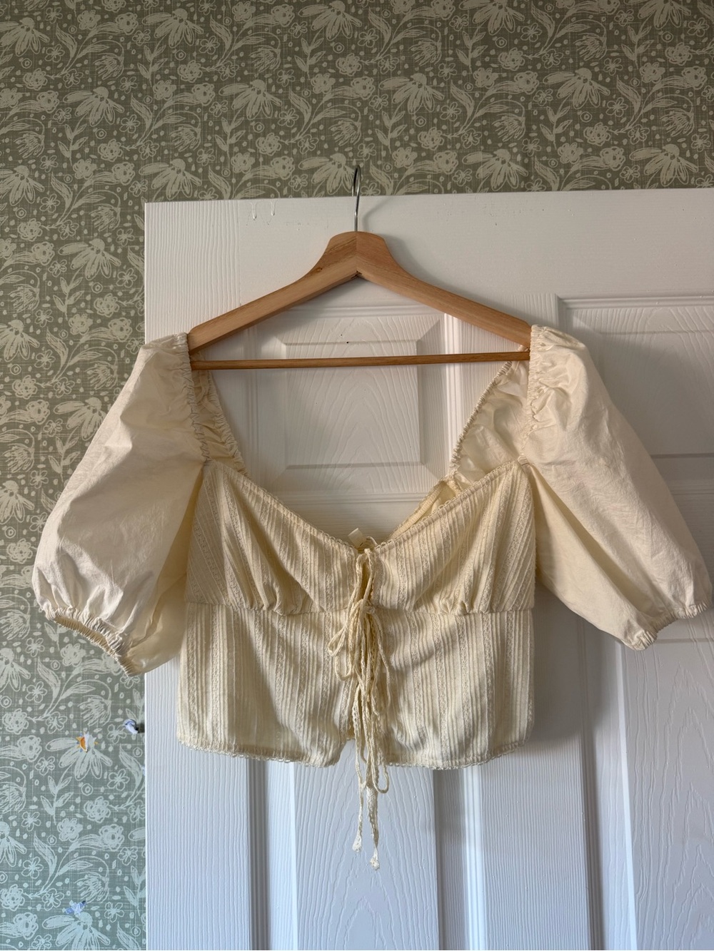 For Love And Lemons Cream Tie-Front Puff Sleeve Crop Top